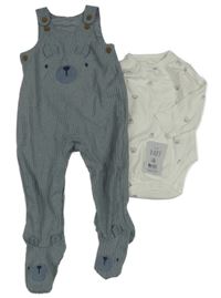 Nové - 2 set - bílé body s medvídky + šedé žebrované laclové tepláky s medvědem George