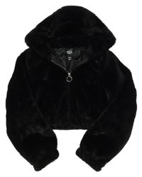 Černá kožešinová podšitá crop bunda s kapucí New Look