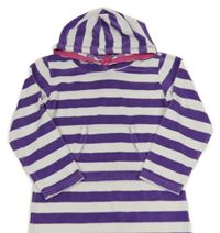 Bílo-fialový pruhovaný froté župan s kapucí 