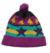 Fialovo-zeleno-žlutá vzorovaná pletená čepice s bambulí 