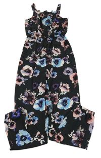 Černý lehký kalhotový overal s modro-růžovými květy H&M