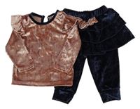 2 set - starorůžové sametové triko + tmavomodré sametové legíny s našitou sukní shein