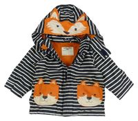 Tmavomodro-bílo-oranžová pruhovaná voděodolná jarní bunda s liškami a kapucí zn. Jojo Maman Bébé