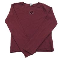 Vínové žebrované crop triko s květem a kamínky Page one young