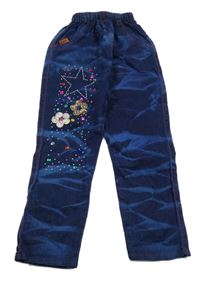 Tmavomodré vzorované džegíny s 3D květy a kamínky 