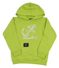Neonově zelená mikina s kotvou a kapucí 
