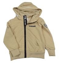 Béžová propínací mikina s nápisy a kapucí 