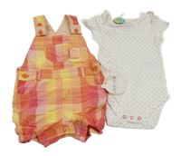 Nové - 2set - Bílo-růžové puntíkaté body + růžovo-žluto-oranžové kostkované laclové plátěné kraťasy M&S