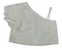 Bílé crop tričko s volánkem a odhaleným ramenem 