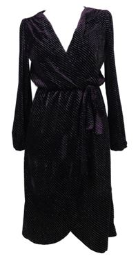 Dámské fialové třpytivé sametové midi šaty s páskem Voyelles 