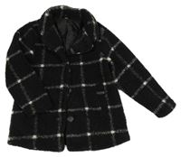 Černý kostkovaný huňatý podšitý kabát 