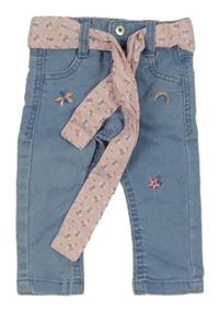 Světlemodré džegíny s růžovým páskem s motýlky 