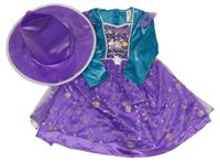 Nové - 2set - Modro-fialové sametovo/tylové šaty s Pepinou + klobouk