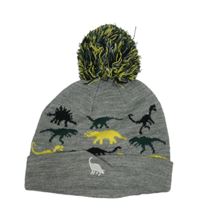 Šedá čepice s dinosaury a bambulí