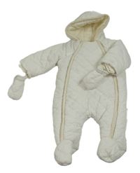 Bílá šusťáková zimní kombinéza s kapucí + rukavice Mamas&Papas