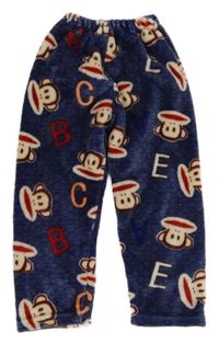 Tmavomodré chlupaté domácí kalhoty s opičkami