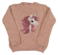 Světlerůžový chlupatý svetr s jednorožcem Dopodopo