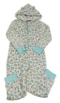 Bílo-barevná vzorovaná chlupatá kombinéza s kapucí 