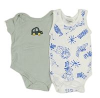 2x - Body - Světlekhakišedé s autem Matalan, bílé tílkové se zvířátky
