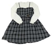 Černo-bílo-modré kostkované žebrované šaty s páskem SHEIN