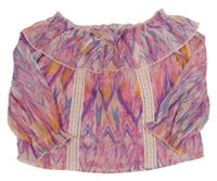 Růžovo-fialovo-oranžovo-stříbrná pruhovaná vzorovaná šifonová crop halenka s mašlí a krajkou a volánkem RIVER ISLAND