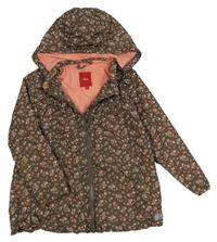 Hnědý šusťákový jarní balonový kabát s kytičkami a odepínací kapucí S. Oliver