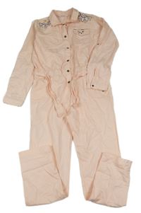 Broskvová riflová kombinéza s květy a nápisem a límečkem a páskem Lili Marelle