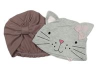 2Set - 2x - Čepice - Kakaová turbanová ZARA, světlešedá melírovaná - kočička Next