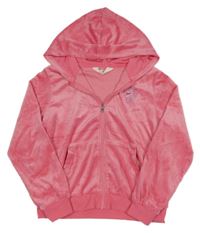 Růžová plyšová propínací oversize mikina s jednorožcem z kamínků a kapucí H&M