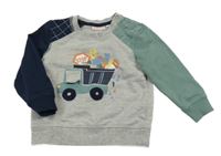 Šedo-tmavomodro-olivová melírovaná mikina s nákladním autem a nářadím Liegelind