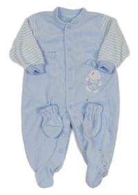 Nové - 2Set - Světlemodro-bílý fleecový overal s medvídkem a pruhy + rukavice