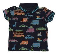 Tmavomodré polo tričko s auty a autobusy a zvířátky Bluezoo