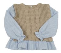 Béžovo žebrovaná vzorovaná žinylková svetrová vesta s modro/bílou pruhovanou krepovou halenkou Topolino