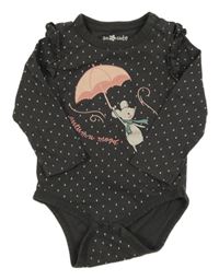Tmavošedé body s myškou a kapičkami a volánky so cute
