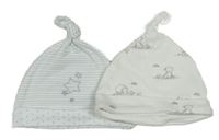 2x Bílá čepice s ovečkami + Modro-bílá pruhovaná čepice s hvězdičkami Mothercare