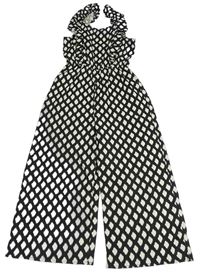 Černo-béžový vzorovaný lněný culottes overal s volánky George
