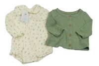 Nové - 2set - Smetanové mušelínové body s listy a límečkem + zelený melírovaný úpletový propínací kabátek Primark