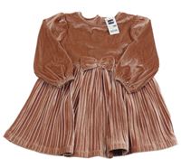 Nové - Starorůžové sametové šaty s plisovanou sukní a mašlí Dunnes