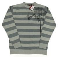 Nové - Šedý pruhovaný svetr s lebkou Rebel