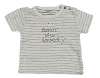 Bílo-šedé pruhované tričko s puntíky a nápisem Staccato