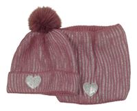 2set - Starorůžovo-stříbrná žebrovaná pletená čepice se srdcem a bambulí + nákrčník Primark