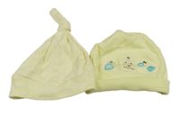 2x bavlněná čepice - žlutá + žlutá s kuřetem a kachnou