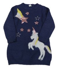 Tmavomodré svetrové šaty s jednrožcem a hvězdami z flitrů Tu