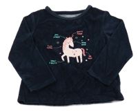 Tmavomodré sametové triko s jednorožcem Vertbaudet