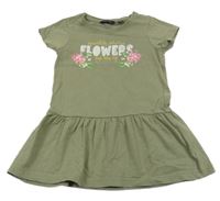 Khaki bavlněné šaty s růžemi a nápisem Blue Seven