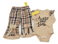 Nové - 2set - Béžové žebrované body s nápisem a volánky + kostkované flare kalhoty s mašlemi Shein