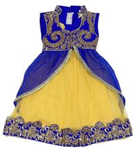 Kostým - Modro-žluté tylové šaty s bohatou zlatou výšivkou 