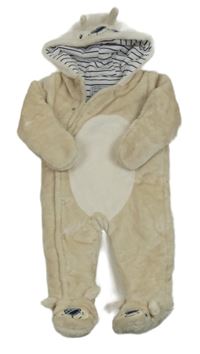 Smetanovo-bílá plyšová zateplená kombinéza s kapucí - medvěd M&Co.