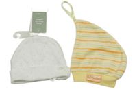 2x čepice - bílá puntíkatá + žlutá pruhovaná sametová 