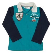 Zeleno-tmavomodré polo triko s nápisem 